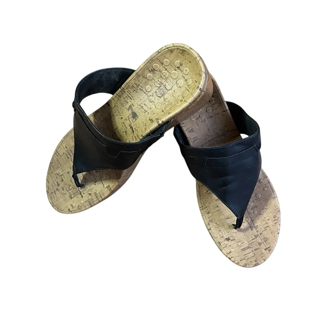 Vionic Anita Black Leather Orthotic Cork Wedge Sandals Comfort Women’s‎